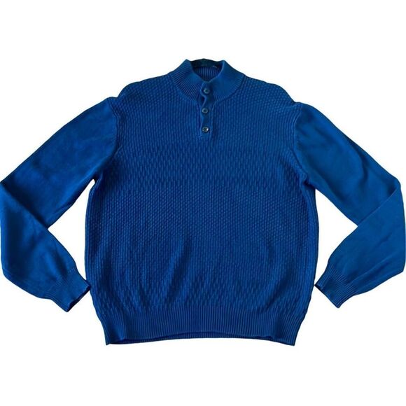 Perry Ellis Navy waffle knit cotton blend button neck sweater large - Picture 1 of 9